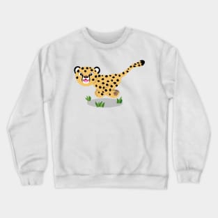 Cute baby cheetah running cartoon illustration Crewneck Sweatshirt